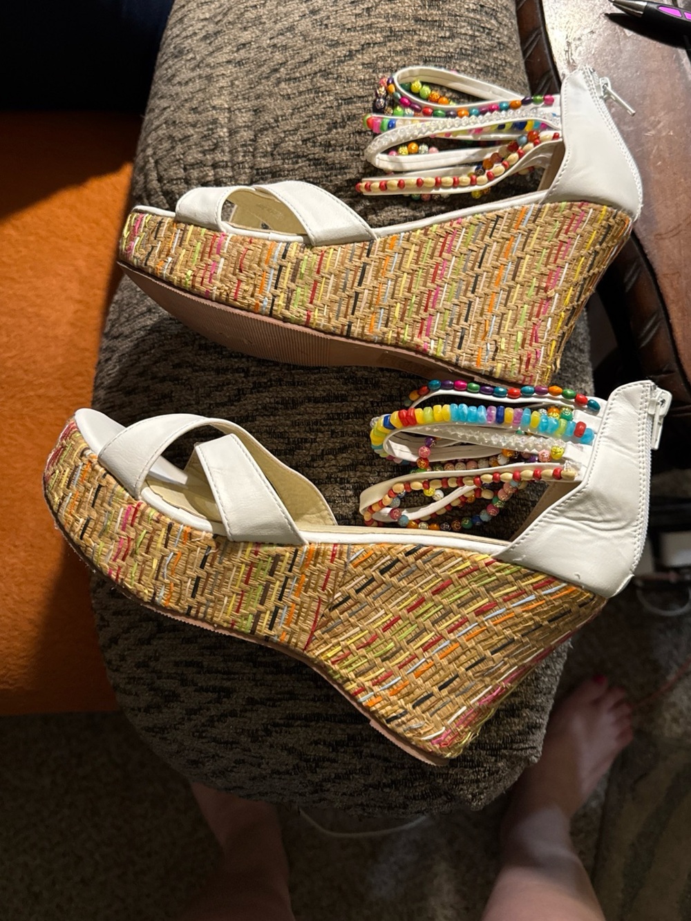 White Beaded Ankle-Strap Wedge Sandals size 40